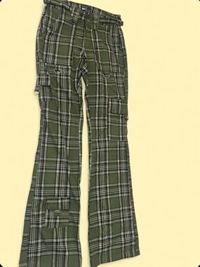 Olive Green Plaid Cargo Flare Pants